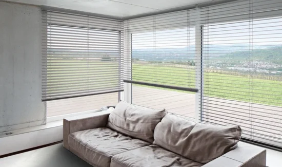 Geöffnete Jalousien komplementieren die Inneneinrichtung eines Wohnzimmers.