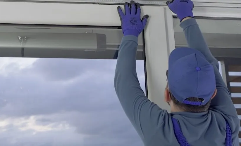 Mann in blauer Arbeitskleidung repariert ein Sonnenschutzsystem an einem Fenster.