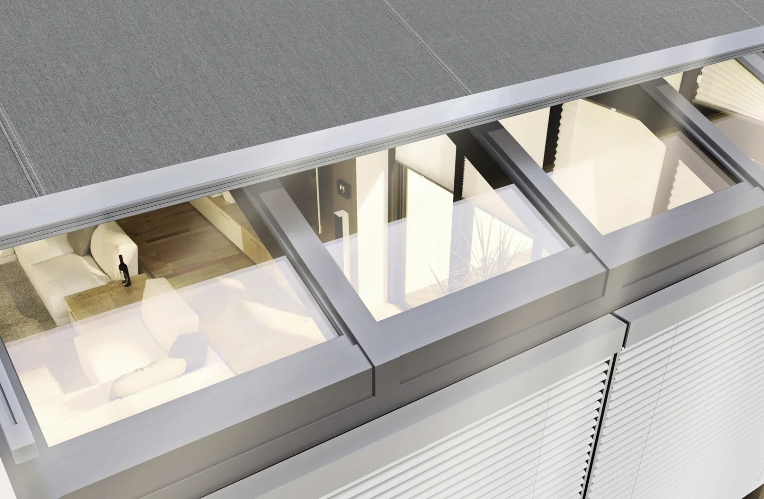 Modernes Dachfenster mit Sonnenschutz und Blick ins Wohnzimmer