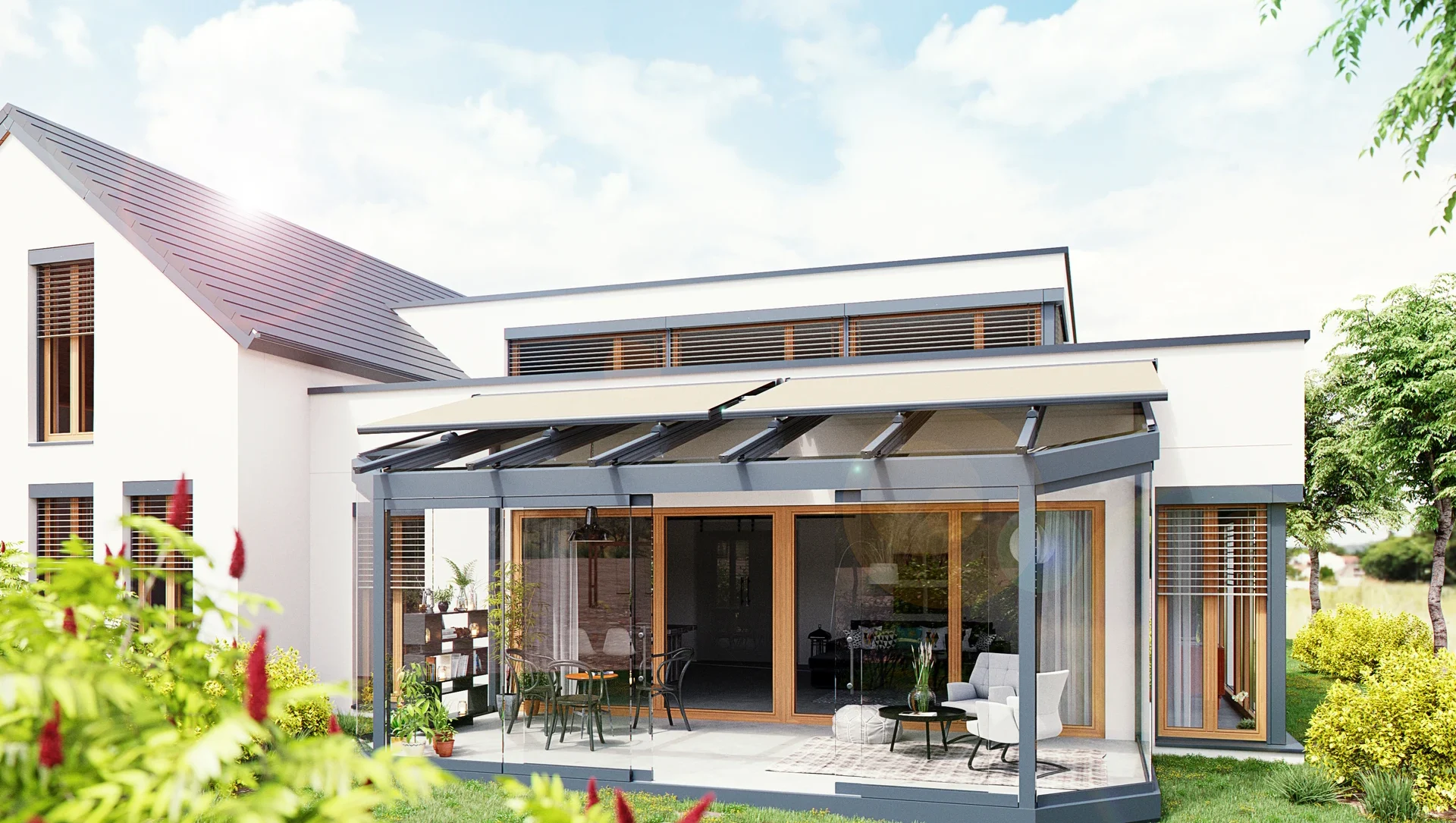 Modernes Haus mit Wintergarten und gepflegtem Garten